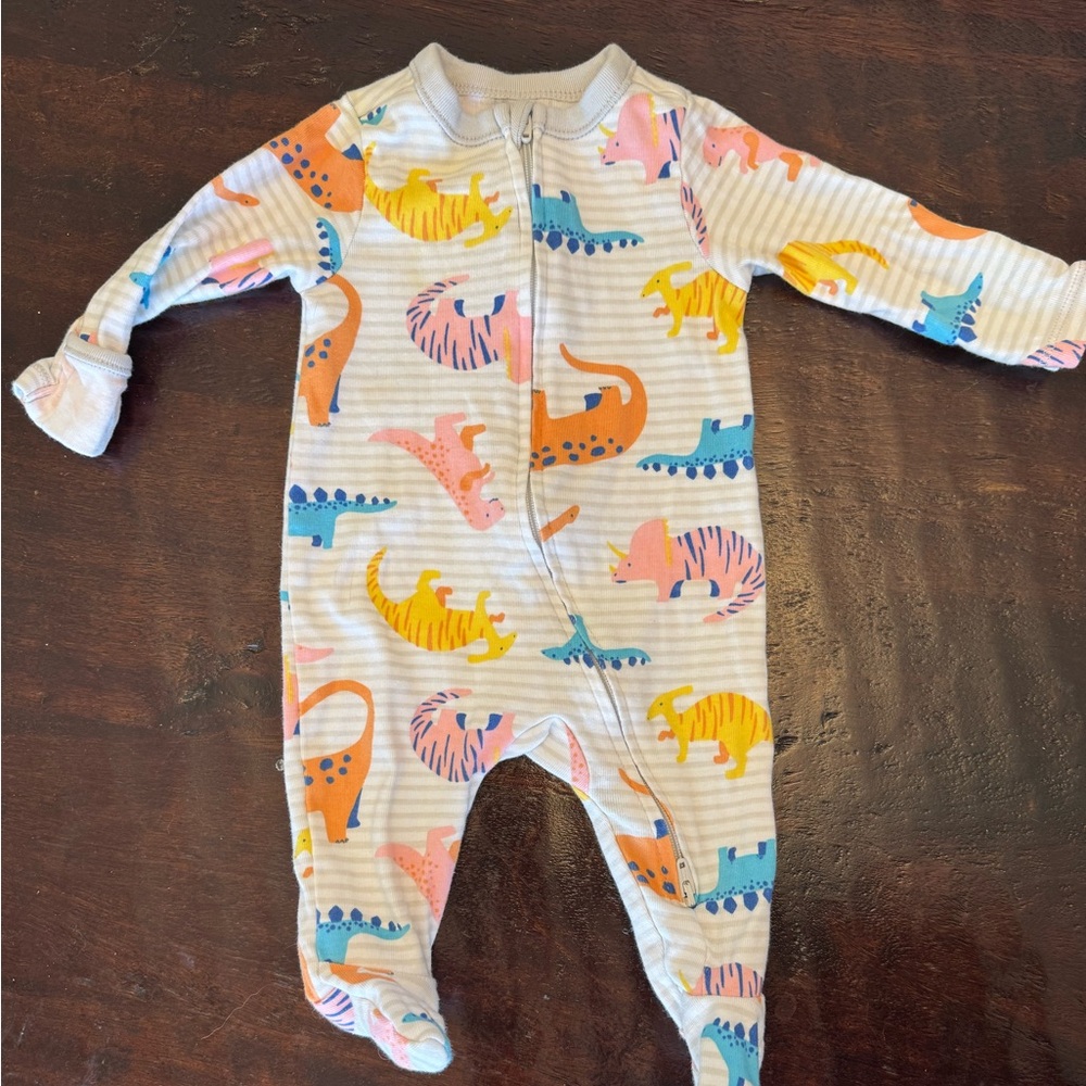 0-3 Month, Footed onesie pajamas with colorful dinosaurs